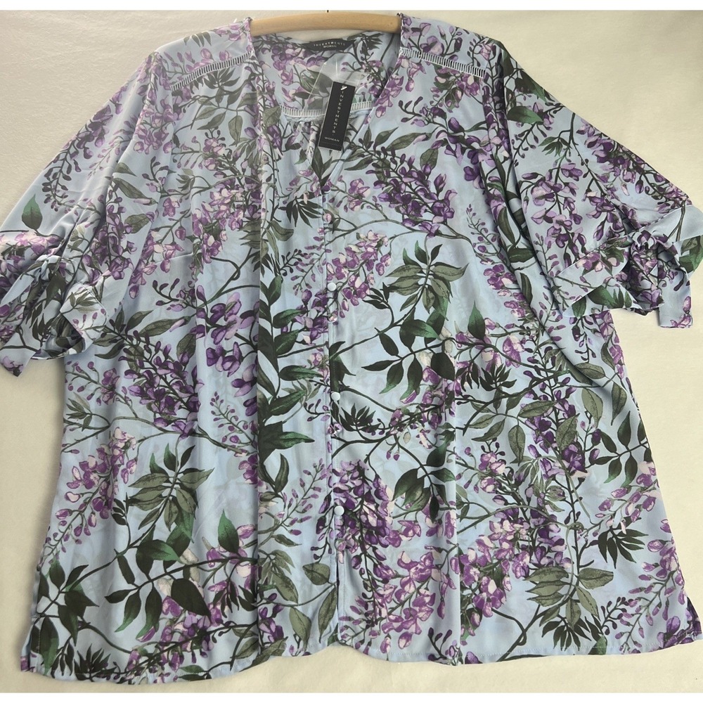 Investments Woman Floral Blouse Women 2X Blue Purple Wisteria Tie Sleeve Top A10